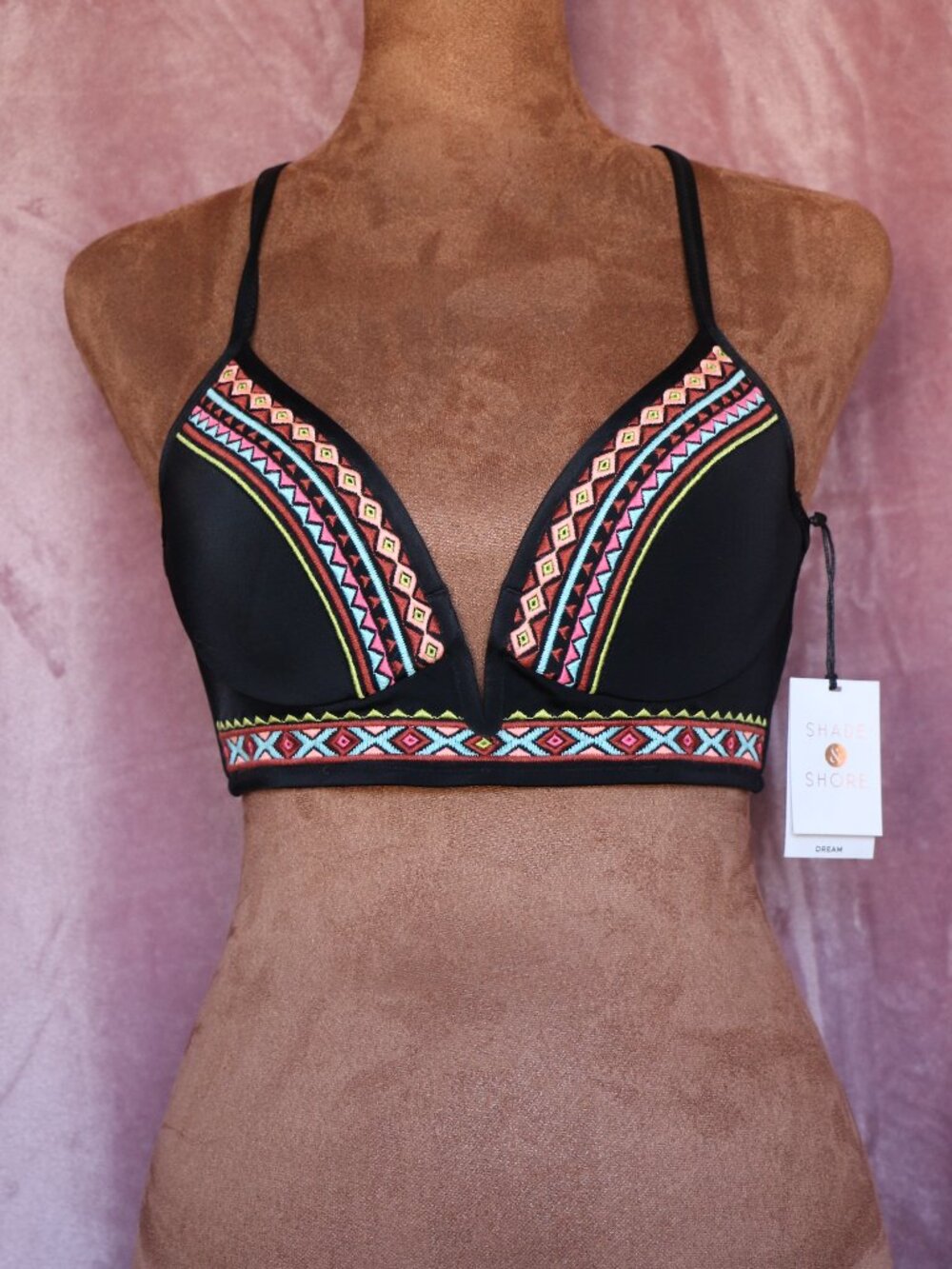 Shade & Shore Black Plunge Bikini Top 32A Underwire Aztec Trim Lace-Up Back 🖤✨